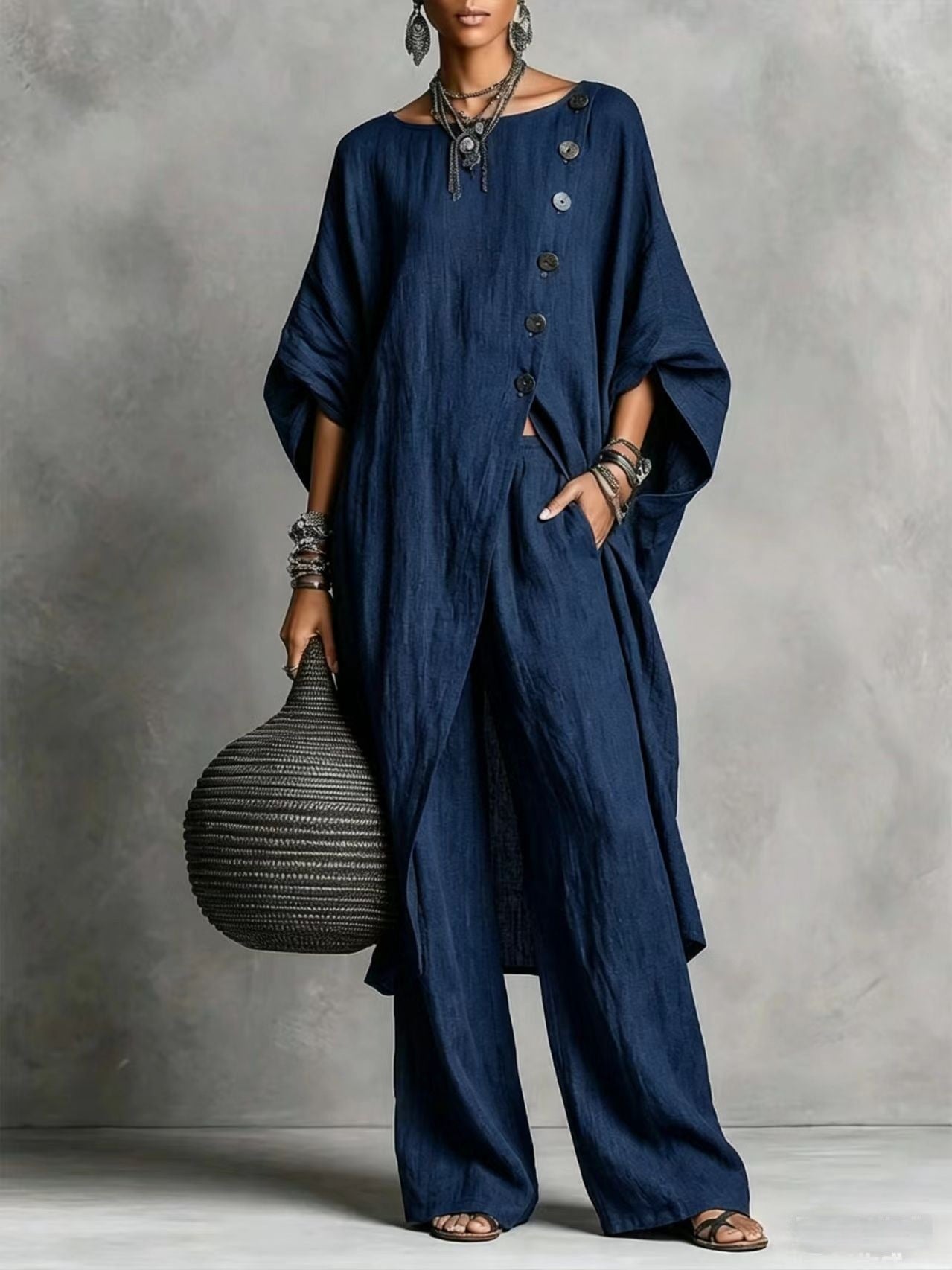 Women's Drop Shoulder Three-Quarter Sleeve Irregular Shirt & Pants Set
