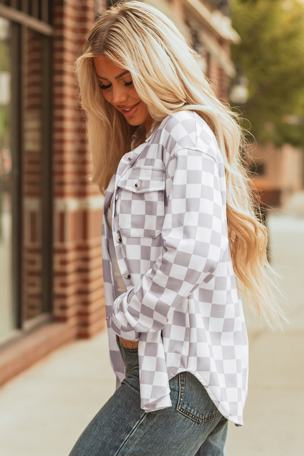Rebecca Checkerboard Flap Pocket Button Front Shacket