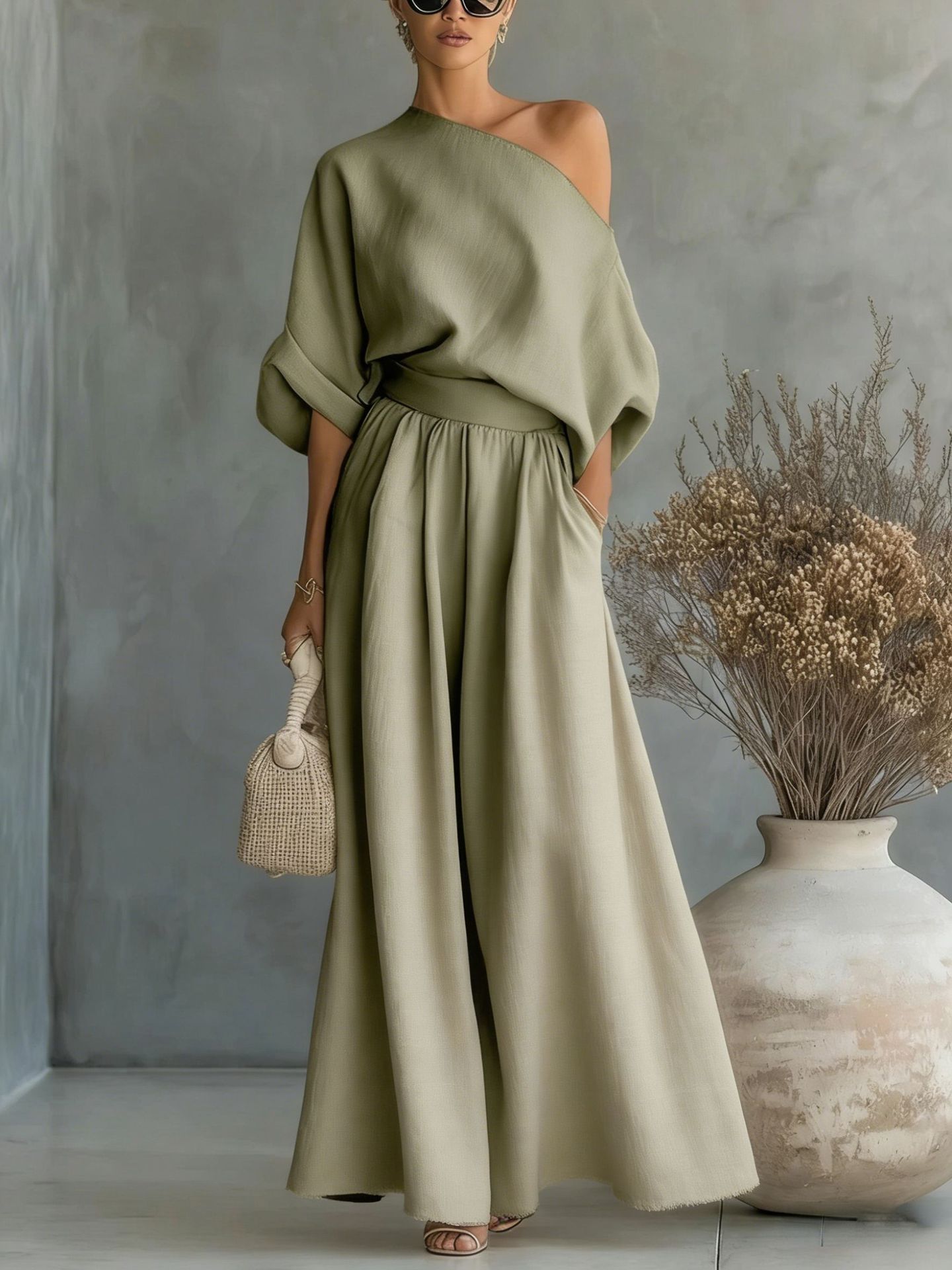 Cropped Off-Shoulder Top & Pants Two-Piece Set – 8 Colors, S–5XL