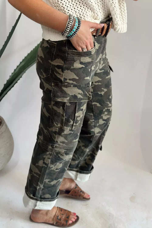 Camouflage Print Multi Pocketed Womens Denim Pants