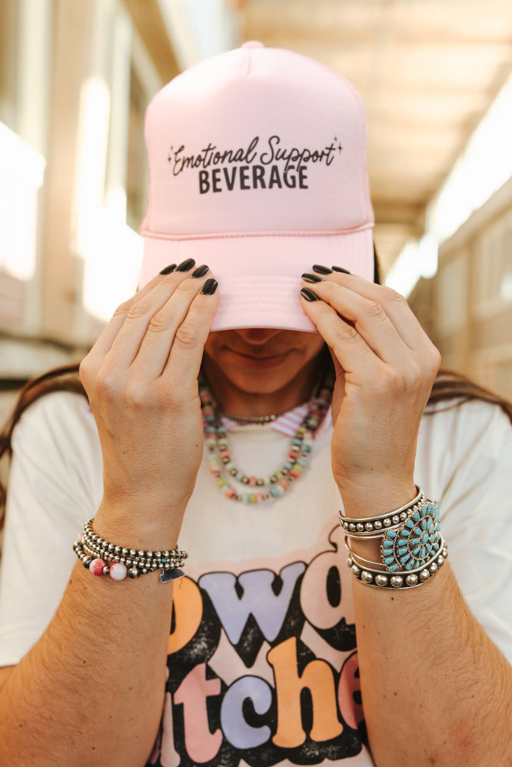 Emotional Support Beverage Pink Trucker Hat