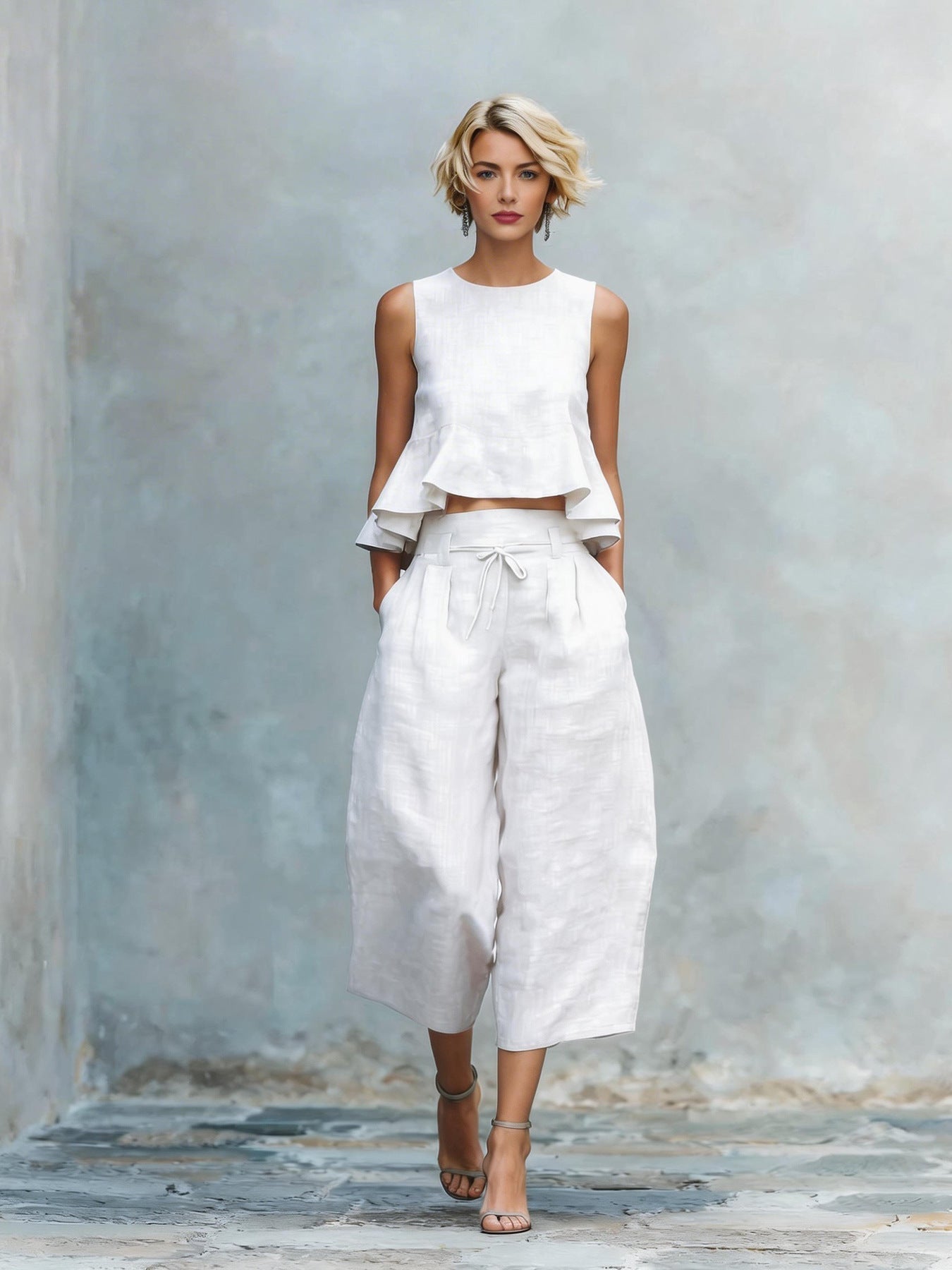 Women's Linen-Blend Sleeveless Two Piece Set with Ruffled Detailing