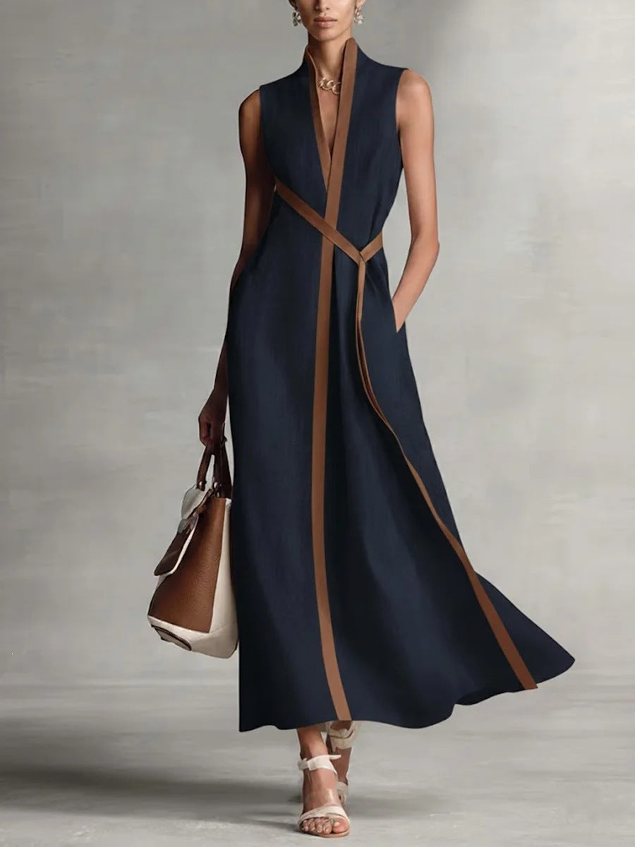 Women's Color Block Sleeveless Stand Collar Linen Blend Dress