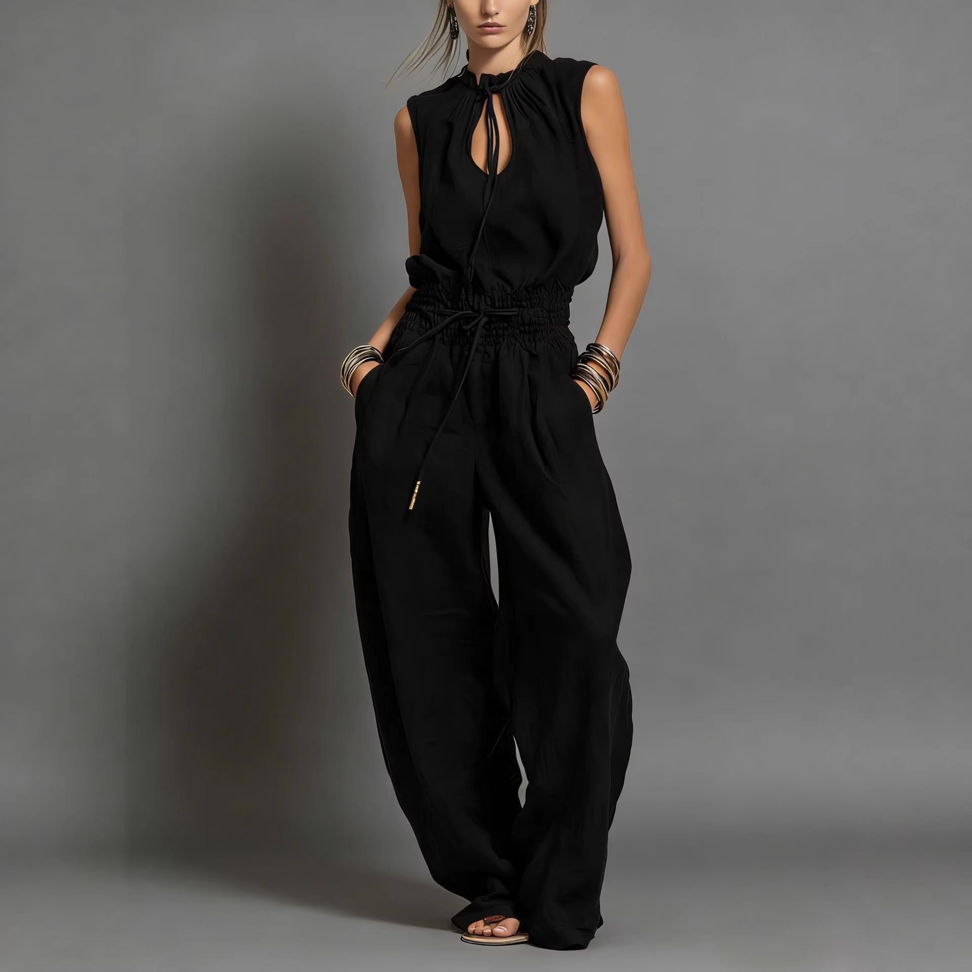 Women's Sleeveless High-Waist Wide-Leg Pleated Jumpsuit