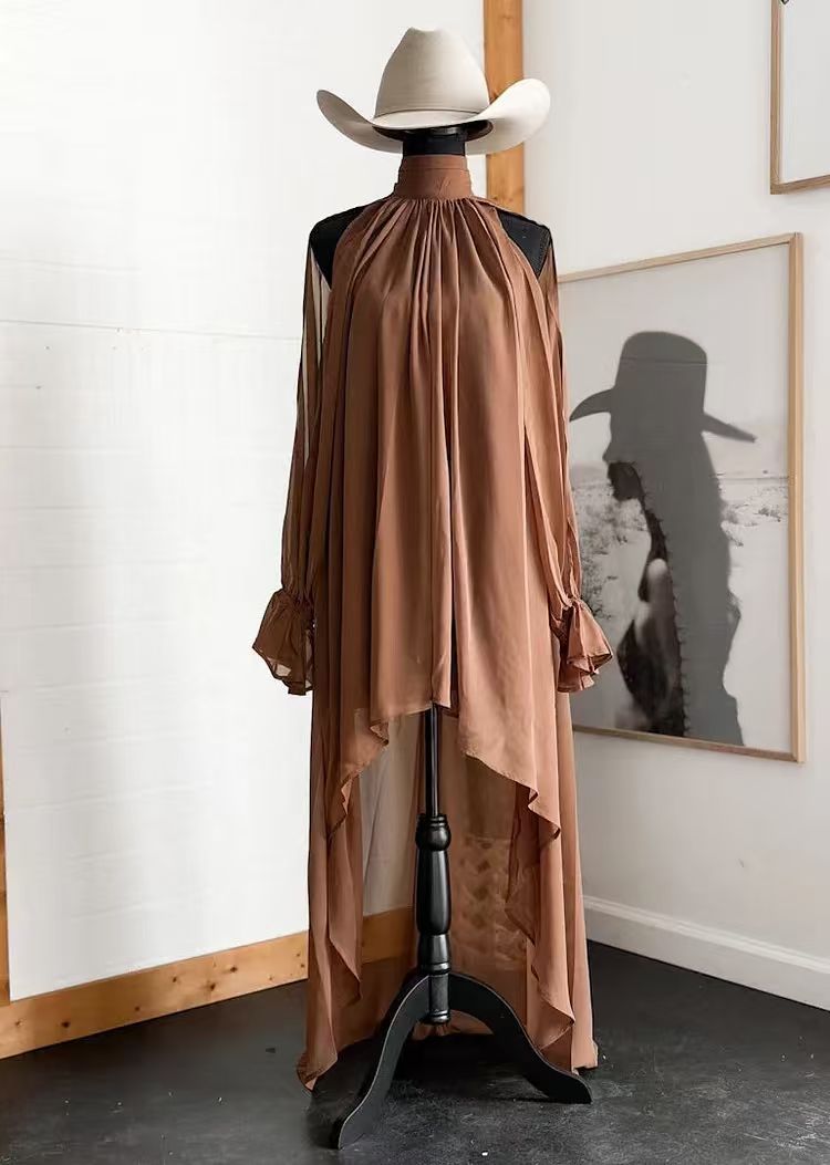 High Neck Asymmetric Maxi Chiffon Dress – Loose Fit Long Sleeve