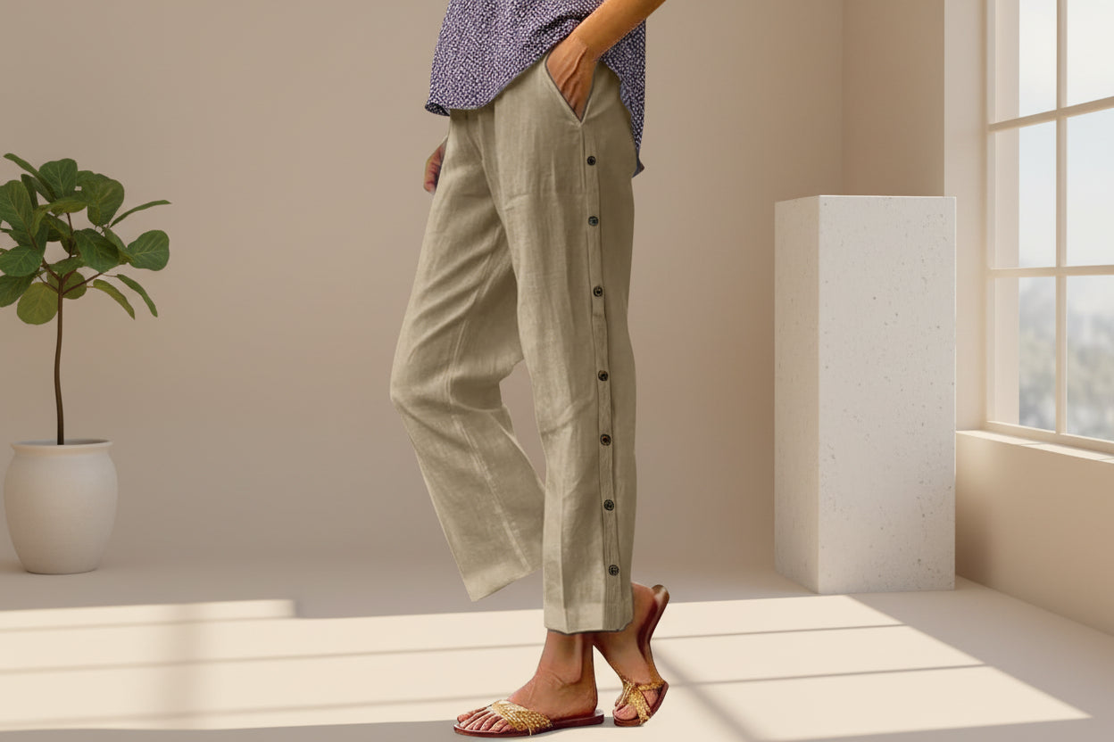 Cropped Pants With Decorative Buttons Along the Side Seams