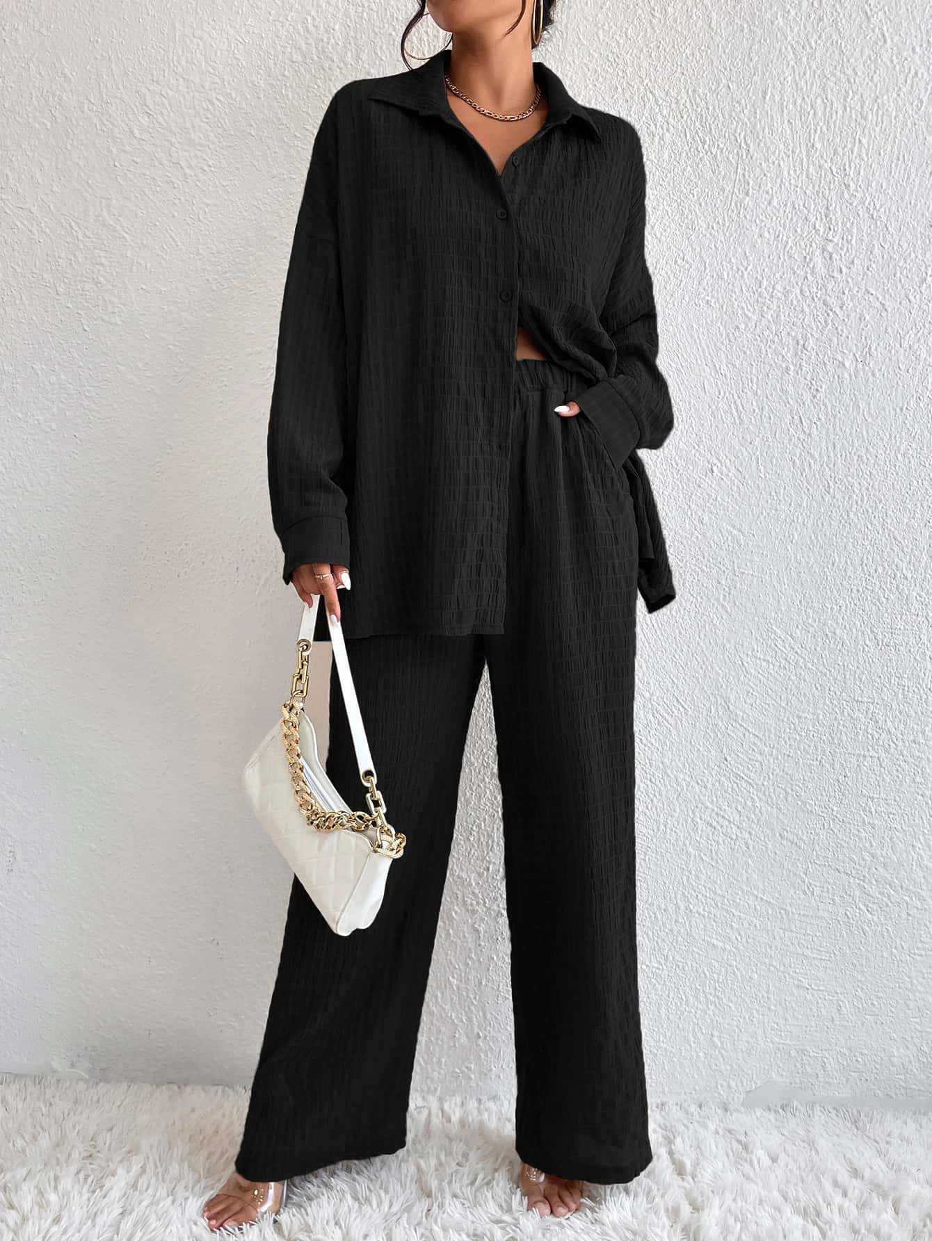 Women's Pleated Long Sleeve Lapel Two-Piece Set – Loose Top & Pants