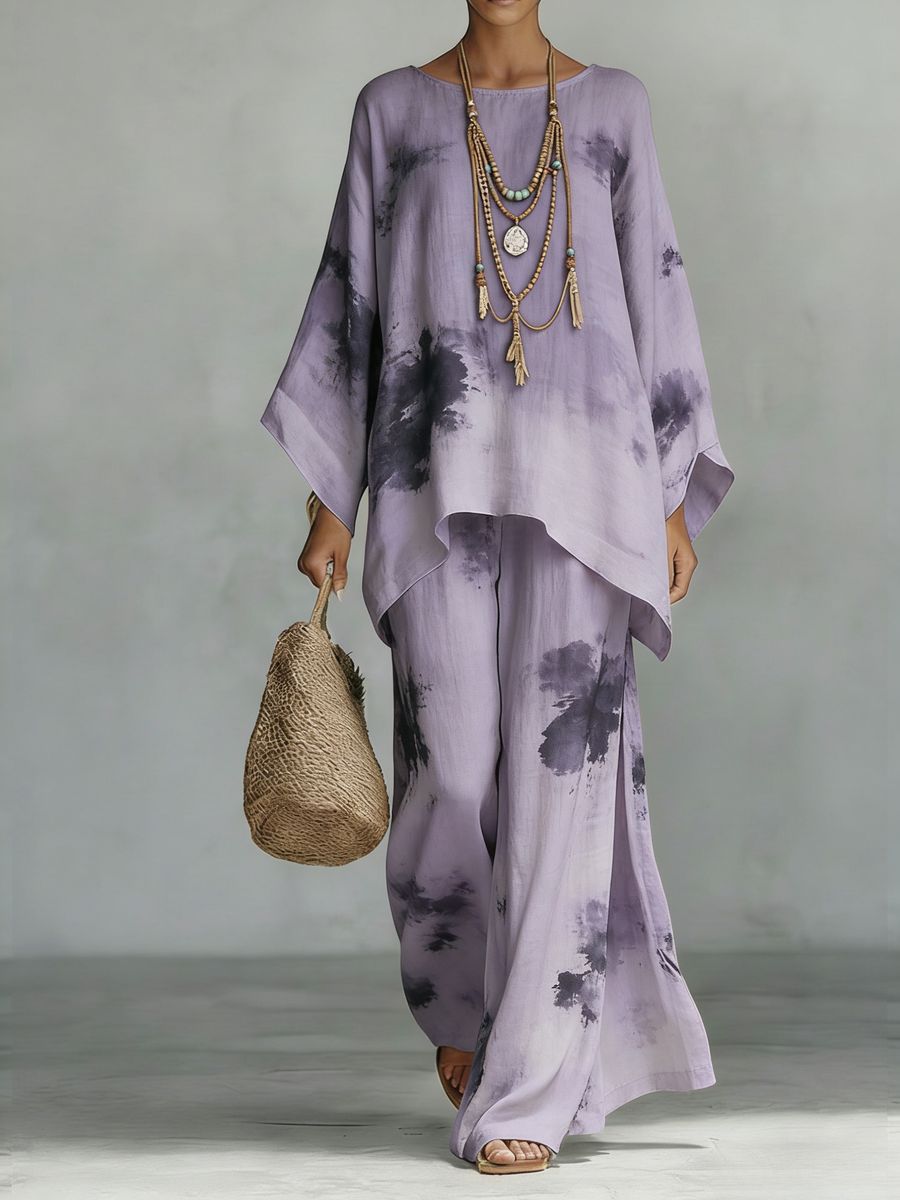 Floral Print Bamboo Linen Two-Piece Set | Wide-Leg Pants