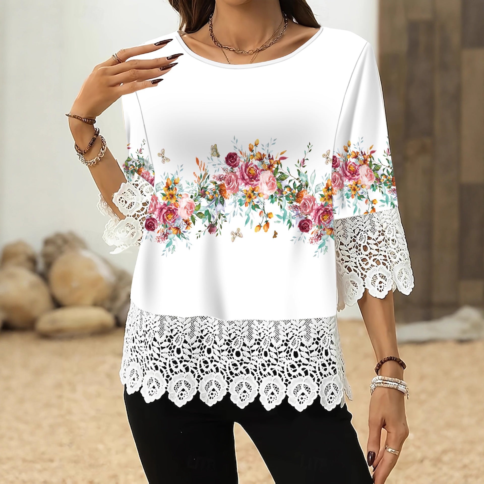 Printed Patchwork Three-Quarter Sleeve Top – Women's Loose Fit Pullover