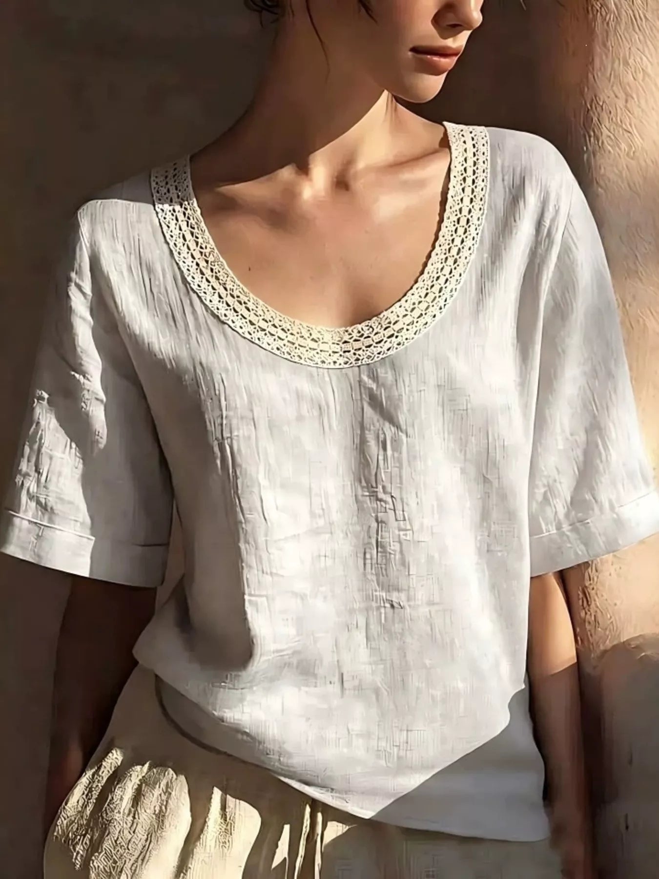 Full Size Lace Trim Short Sleeve Blouse Plus Size
