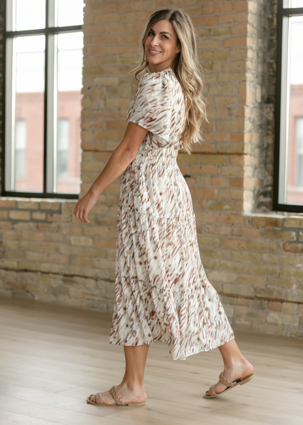 Gina Pink Abstract Short Sleeve Midi Dress - FINAL SALE