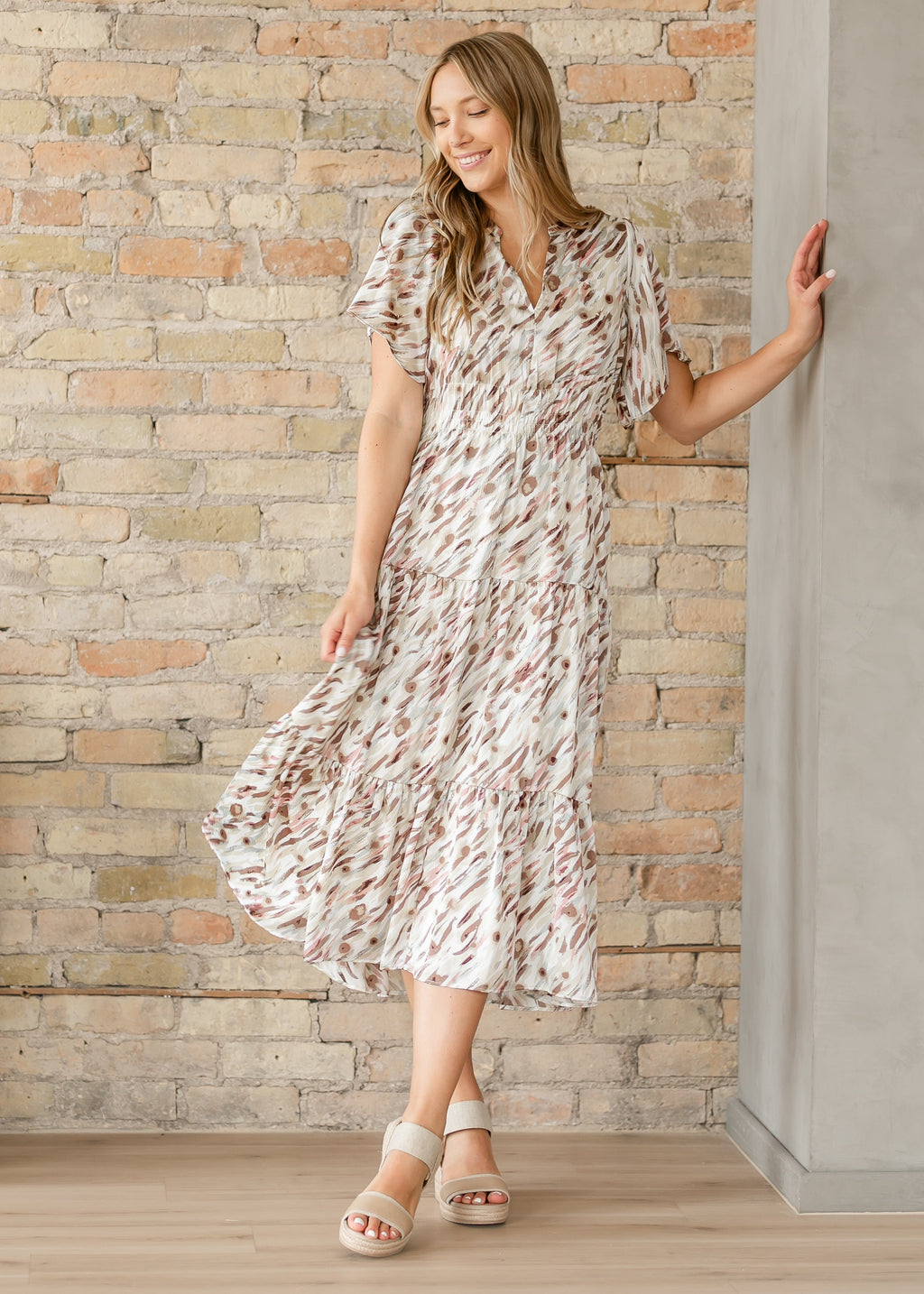 Gina Pink Abstract Short Sleeve Midi Dress - FINAL SALE