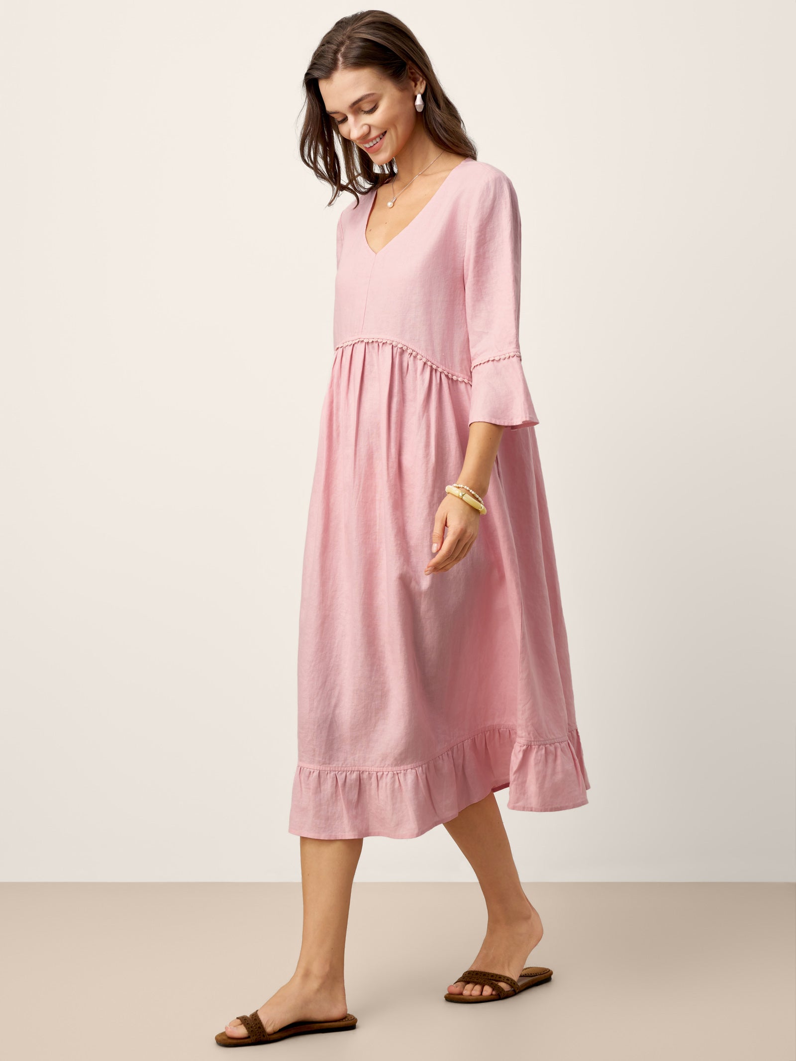 100% Linen V-Neck Ruffle Hem Midi Dress with Crochet Trim MARTHA