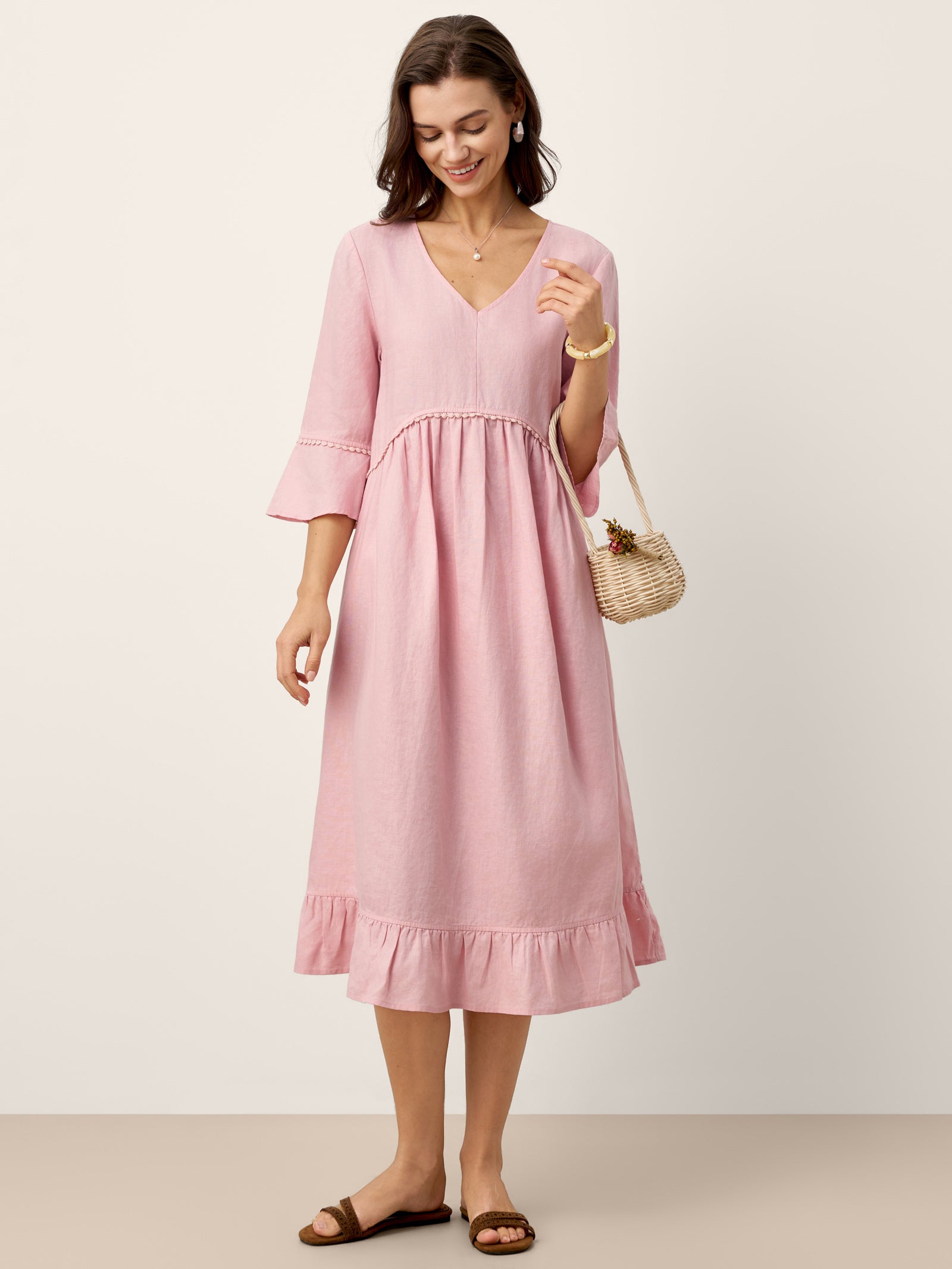 100% Linen V-Neck Ruffle Hem Midi Dress with Crochet Trim MARTHA