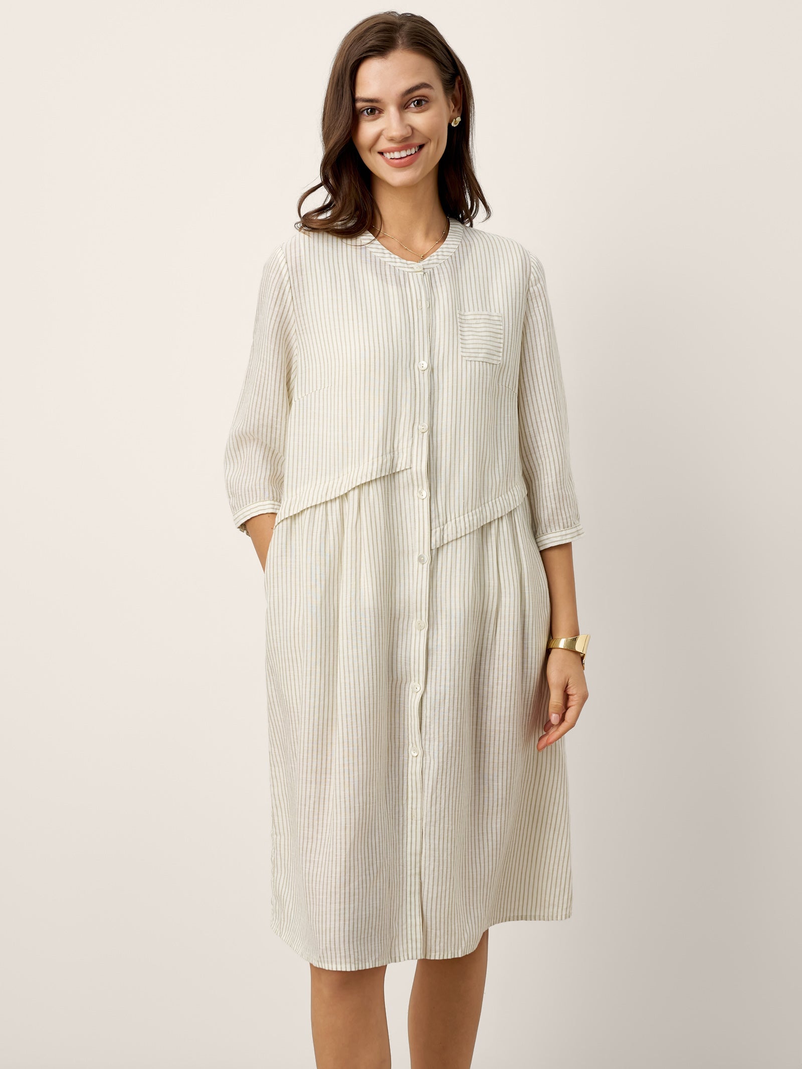 Linen-Lyocell Deconstructed Asymmetric Front Pleat Midi Dress EULALIE