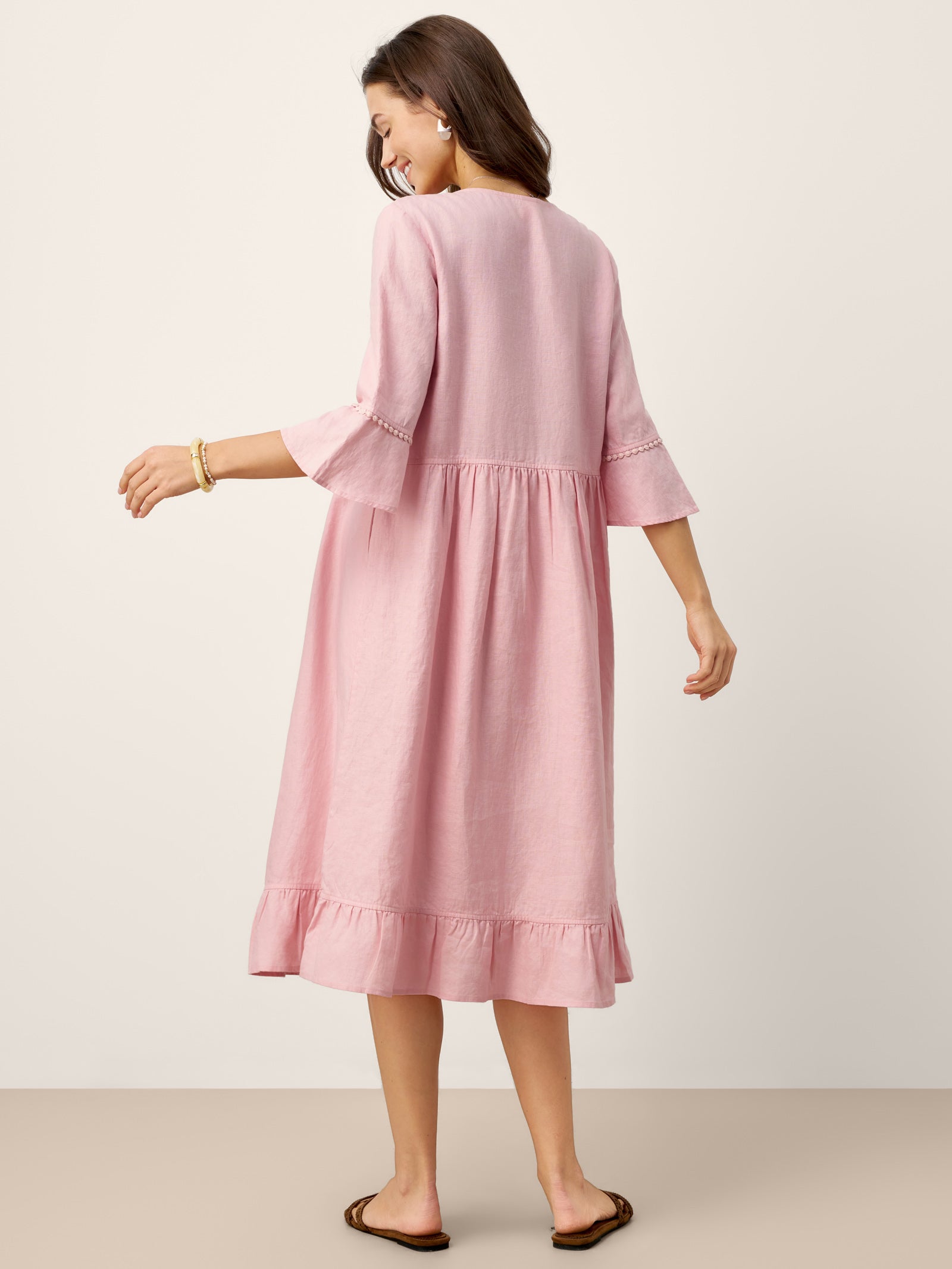 100% Linen V-Neck Ruffle Hem Midi Dress with Crochet Trim MARTHA