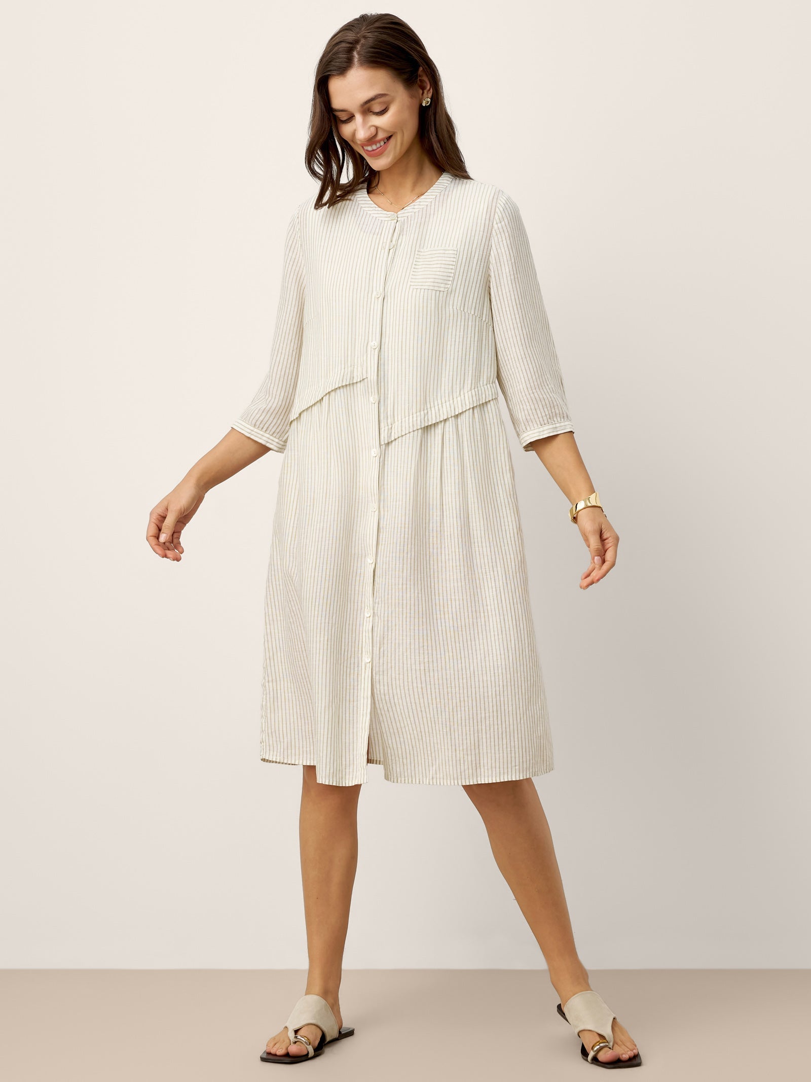 Linen-Lyocell Deconstructed Asymmetric Front Pleat Midi Dress EULALIE