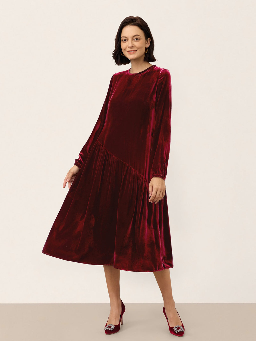 100% Silk Velvet Draped Pleat Relaxed Midi Dress ZELARA