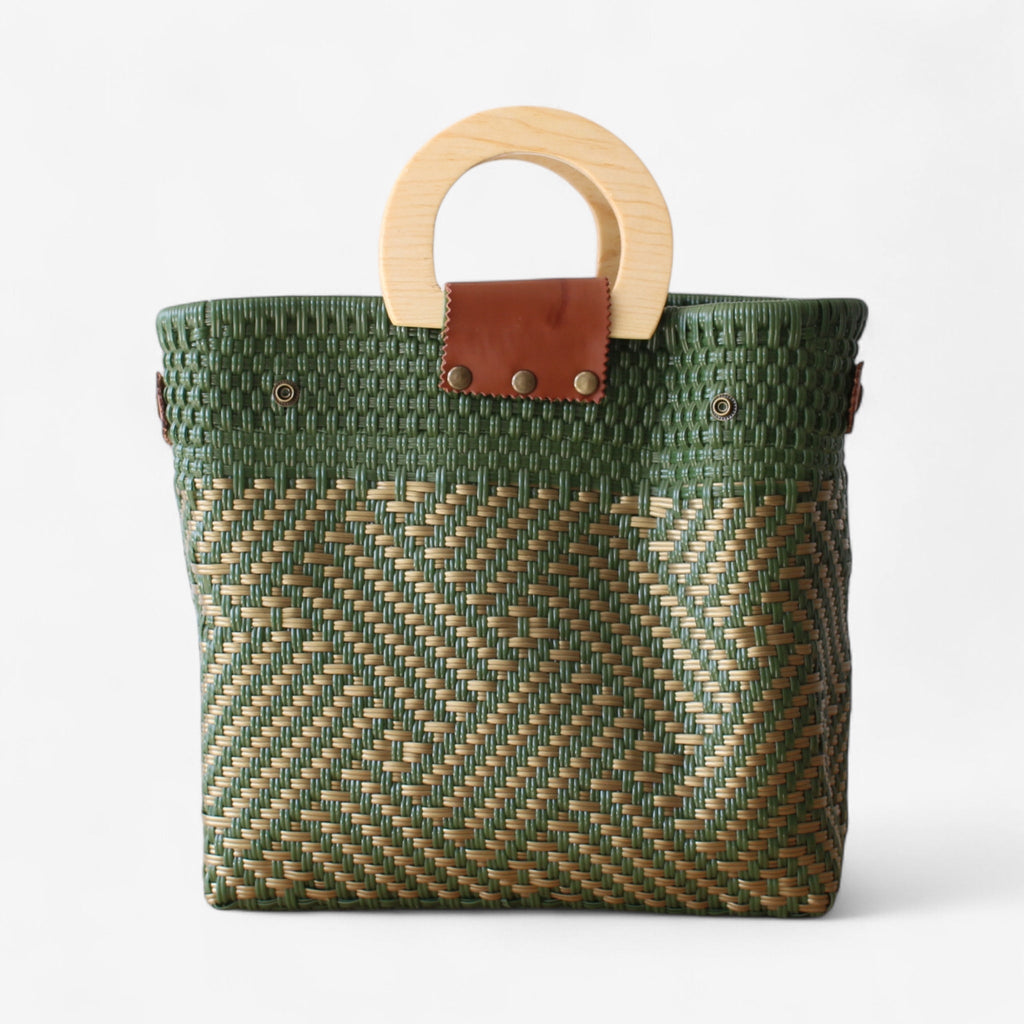 Olive Green & Gold Handmade Tote Bag with Wooden Handle