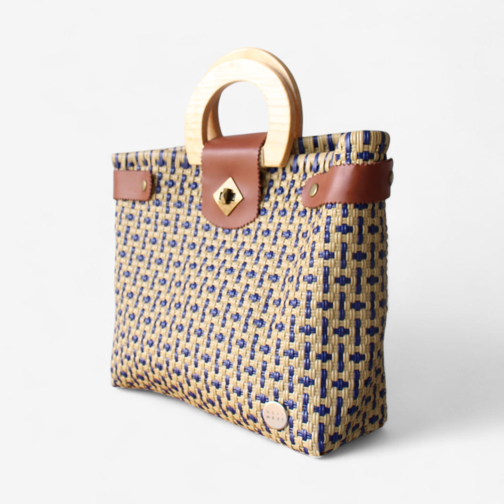 Mocha & Blue Tote Wood Handles